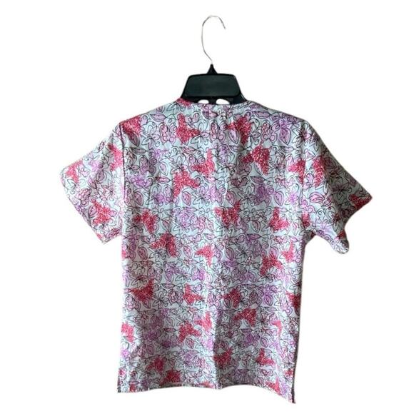 Delta Uniform Abstract Floral Top Womens XS V-Neck Short Sleeve AOP Workwear - Picture 4 of 7